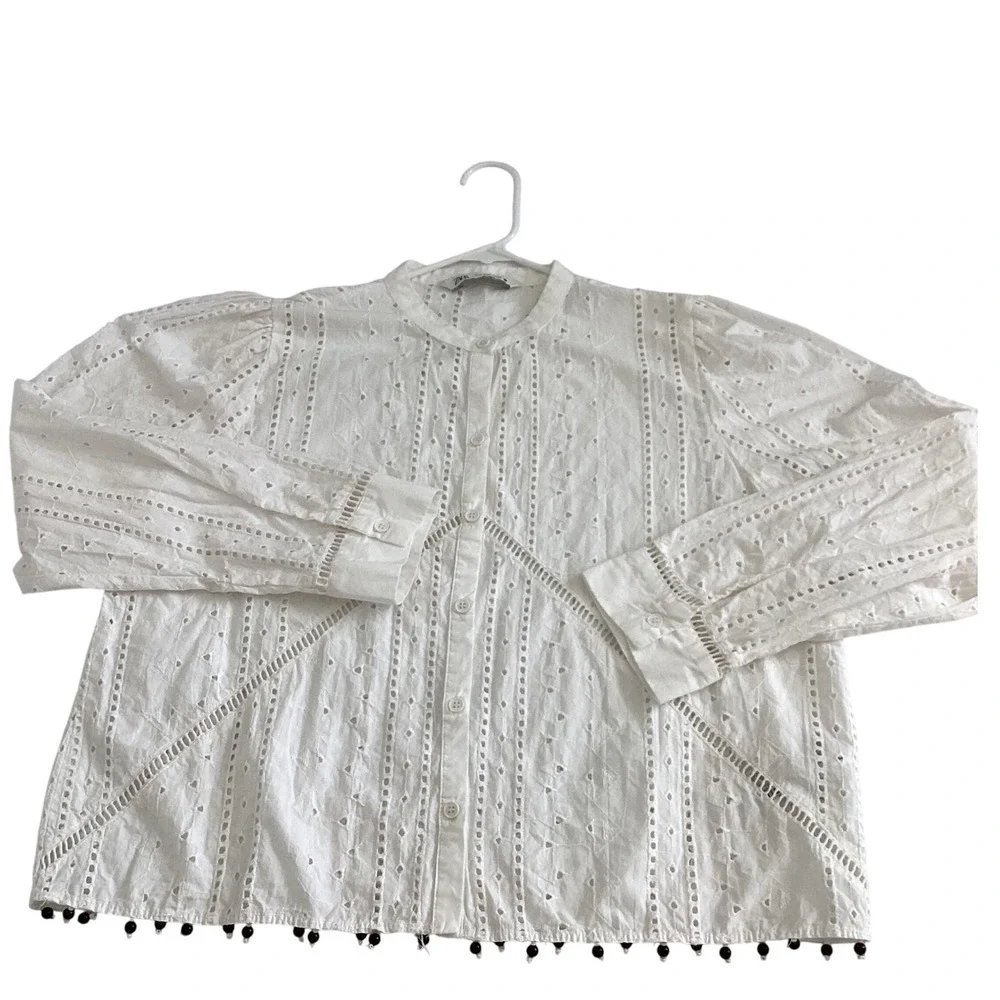 ZARA White Eyelet Embroidered Button Up Long Sleeve Blouse with Pom Poms Size Lg